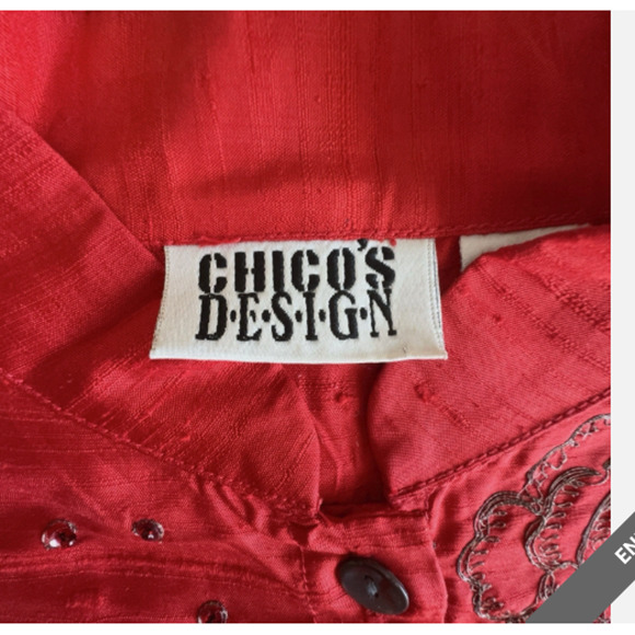 Chico's 100% Silk Top Women's Size Medium Red Asian Beaded Embroidery Button Up - Picture 6 of 9